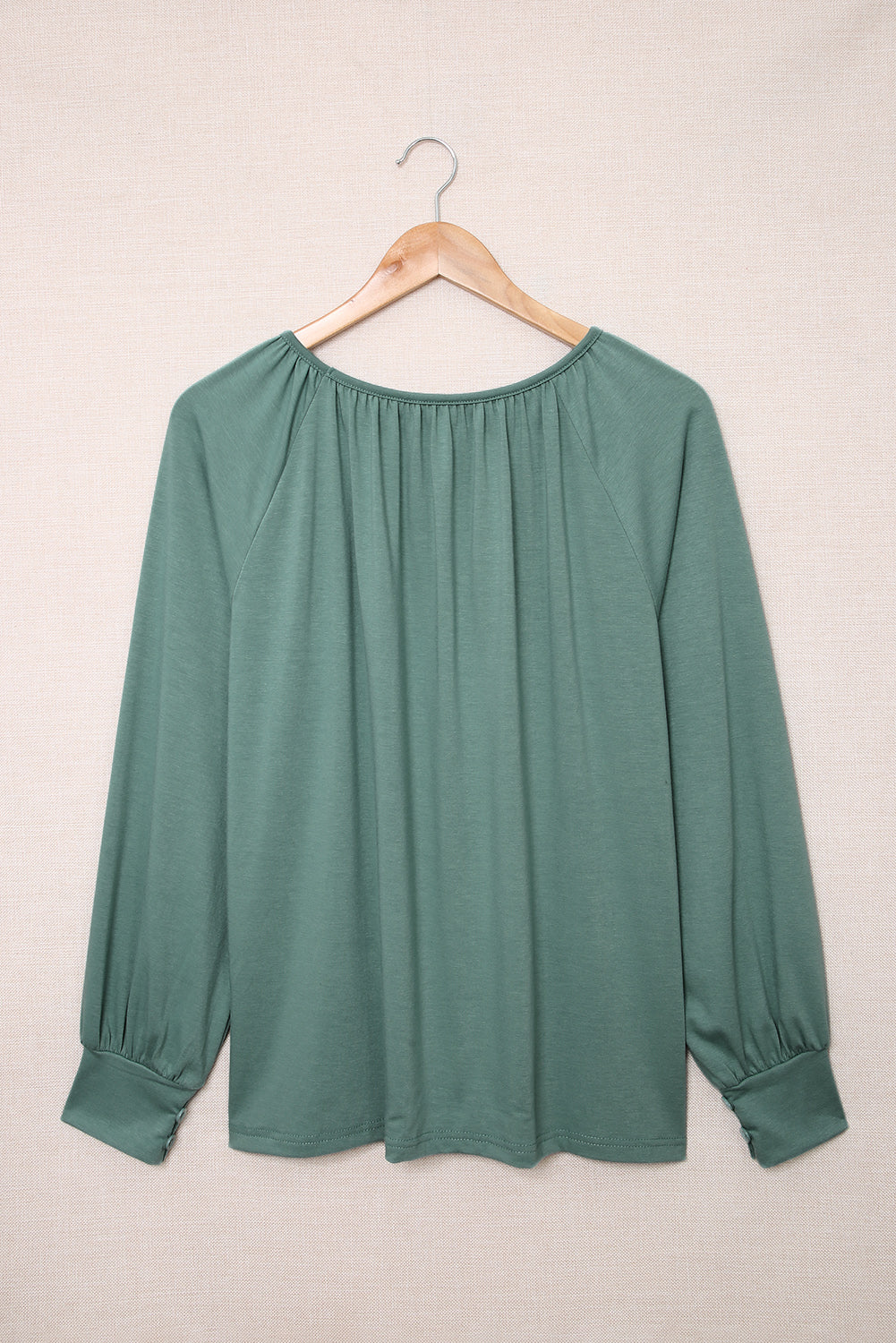 Gathered Button Cuff Round Neck Top