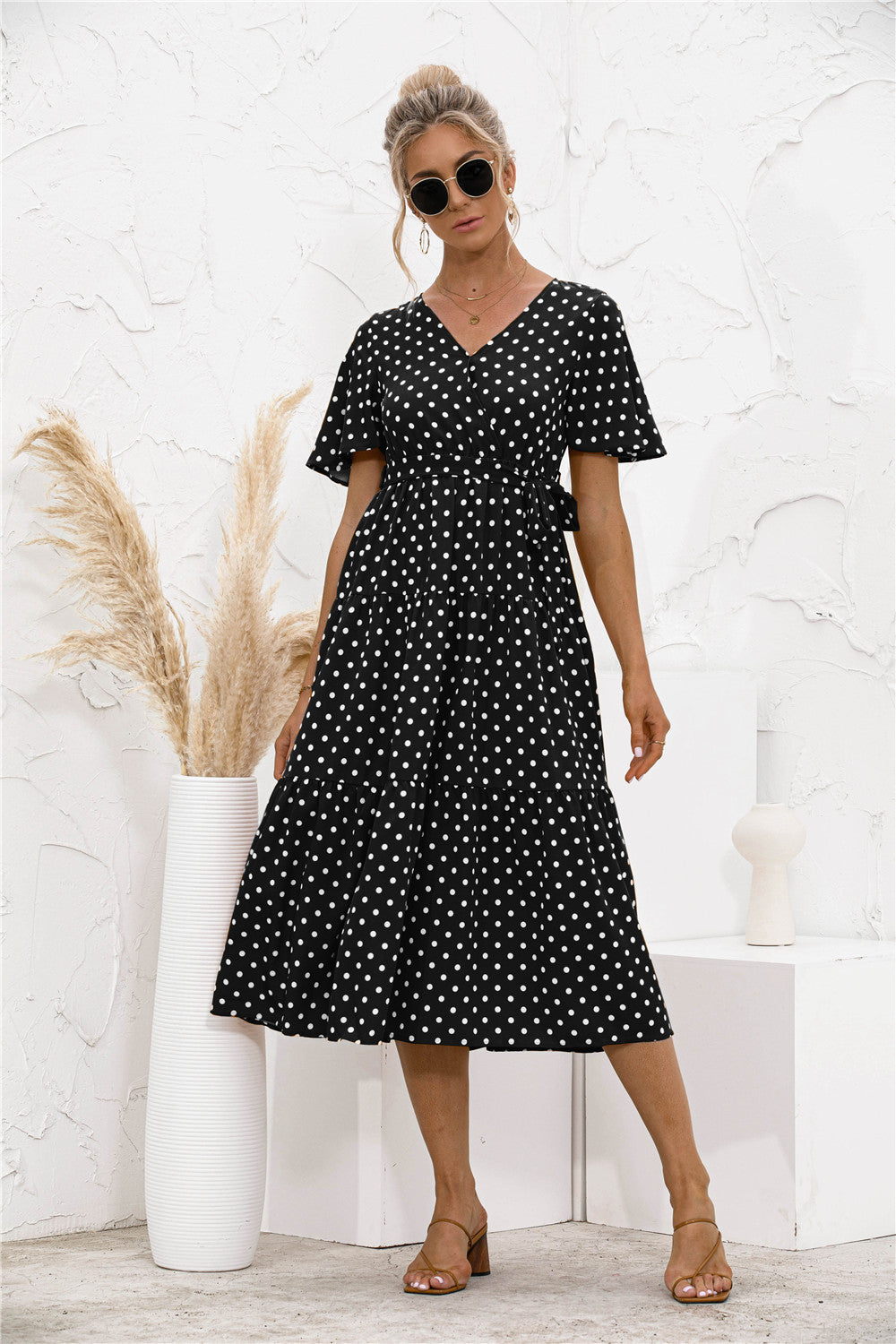 Polka Dot V Neck Belted Dress - Absolute Fashion 2020