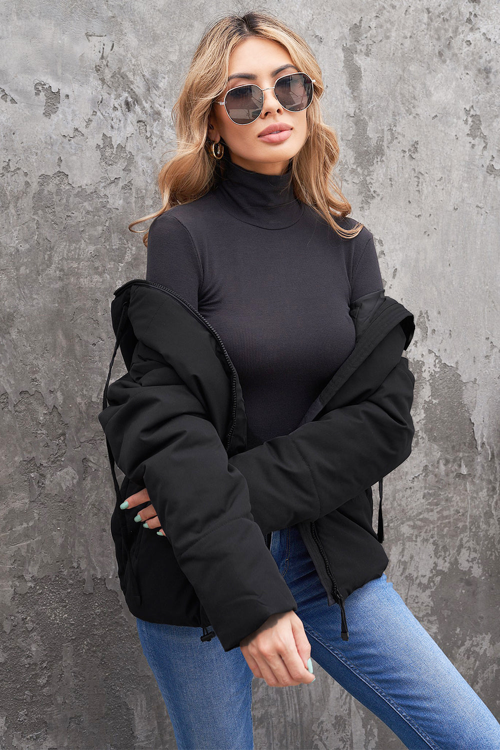 Drawstring Hem Hooded Jacket with Pockets