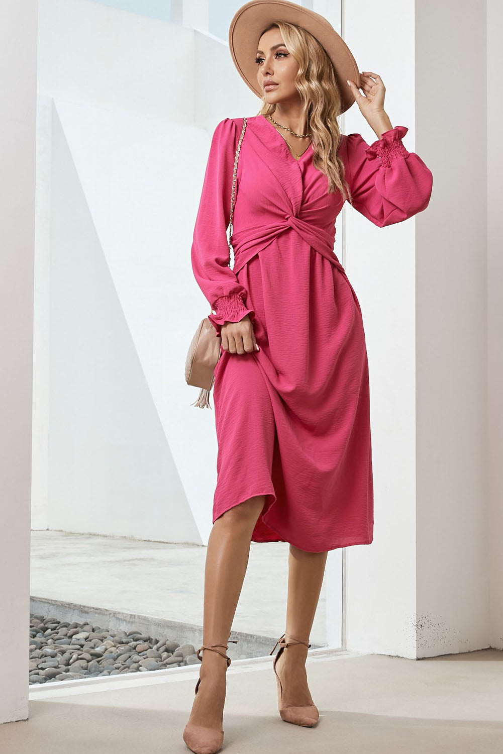 Twist Front V-Neck Flounce Sleeve Dress
