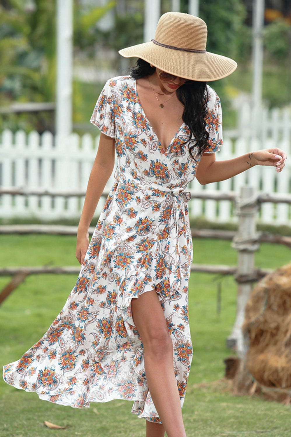 V-neck Floral Irregular Dress