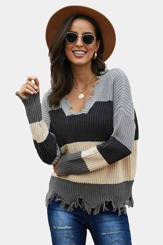 Colorblock Distressed Hem Sweater - Absolute Fashion 2020
