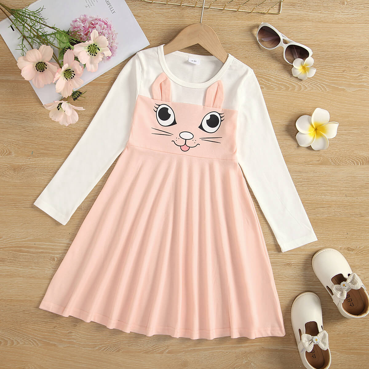 Girls Two-Tone Animal Graphic Long Sleeve Dress