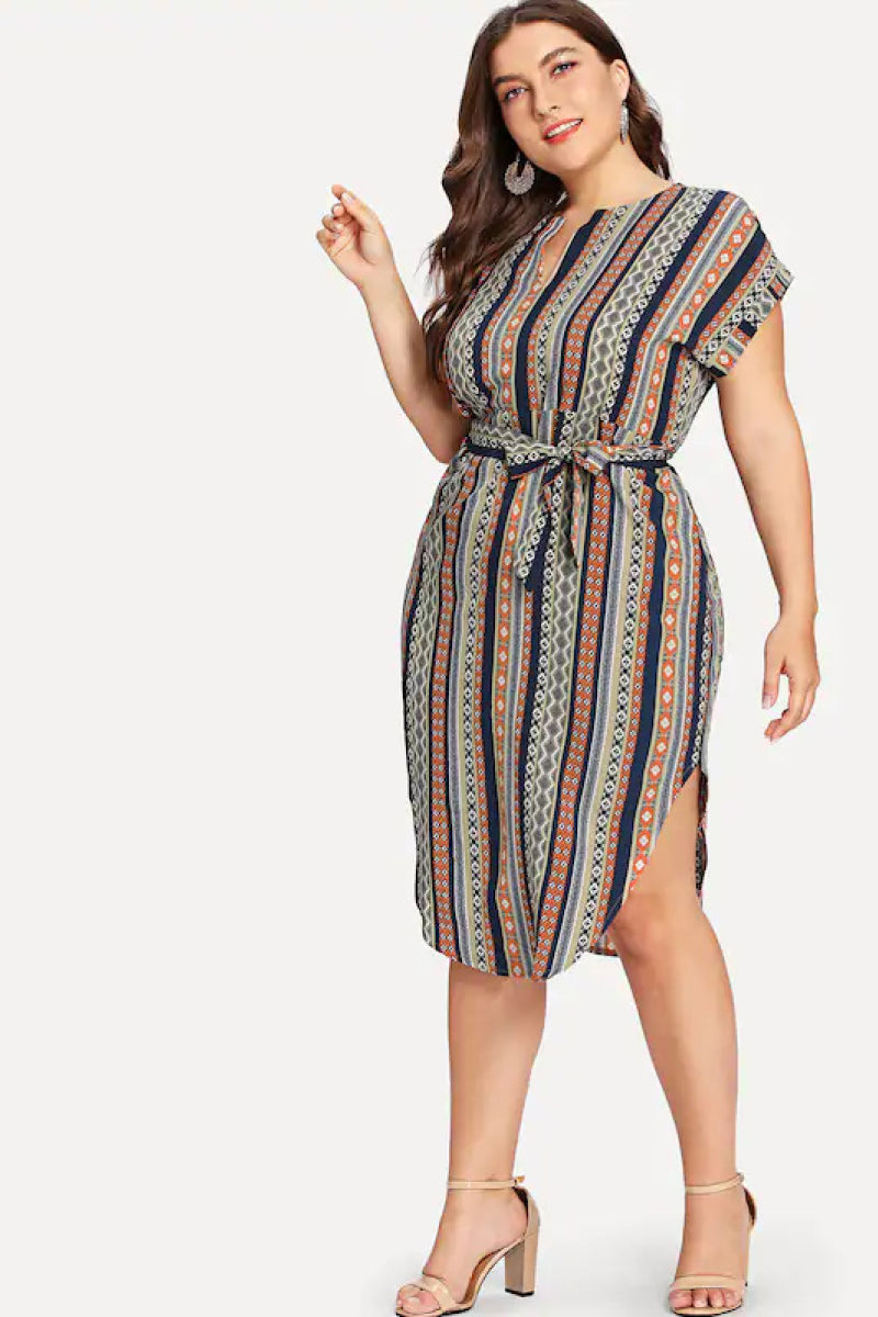 Striped V Neck Short Sleeve Belted Dress - Absolute Fashion 2020