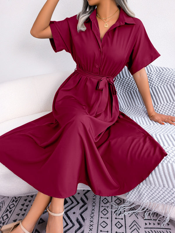 Short Sleeve Collared Tie Belt Dress - Absolute fashion 2020