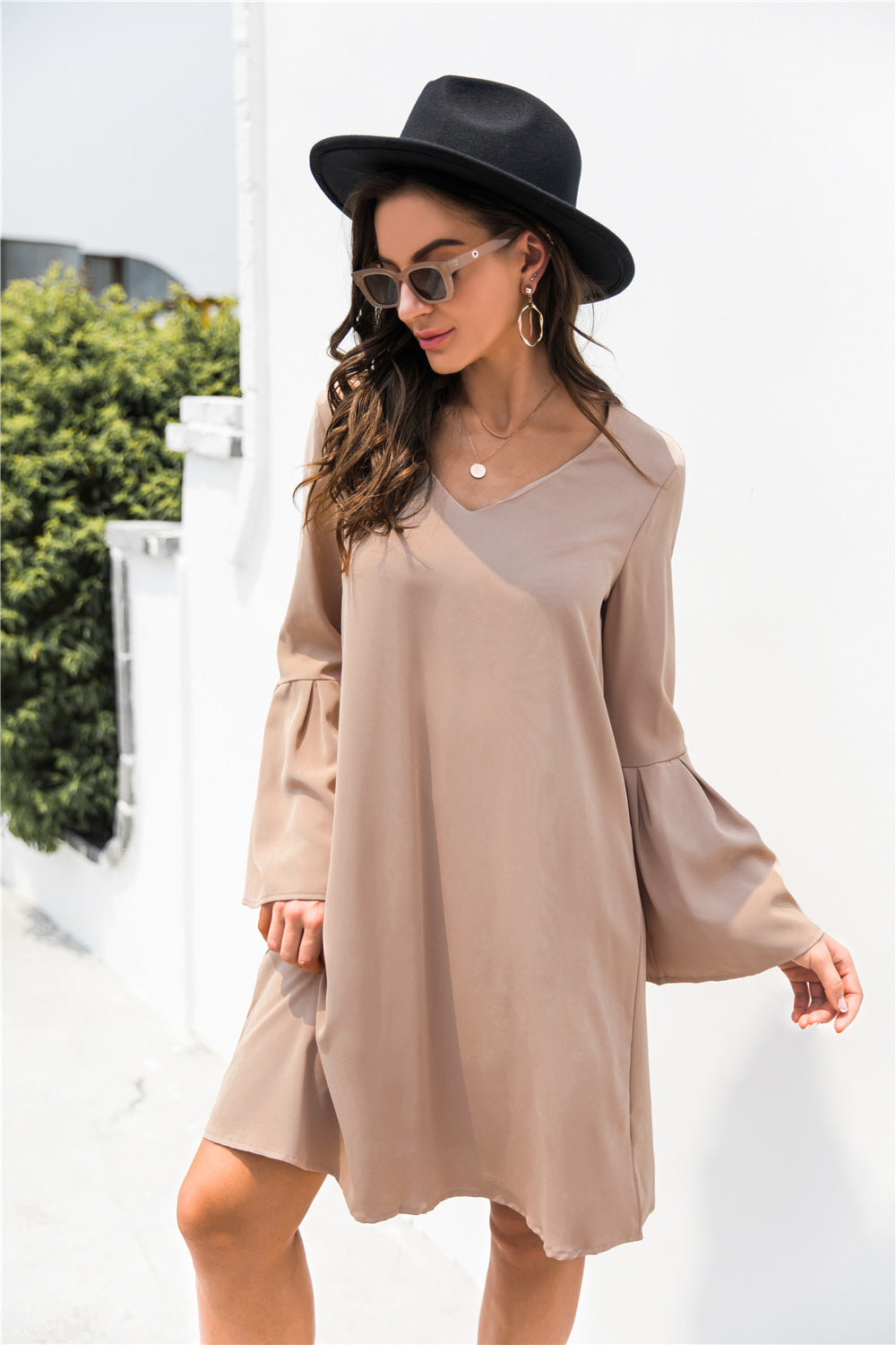 Trumpet Sleeve V Neck Dress - Absolute Fashion 2020