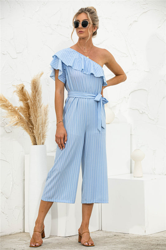 Asymmetric Neck Ruffle Trim Striped Jumpsuit - Absolute Fashion 2020