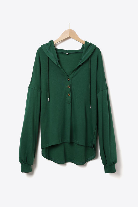 Buttoned Drawstring Drop Shoulder Hoodie