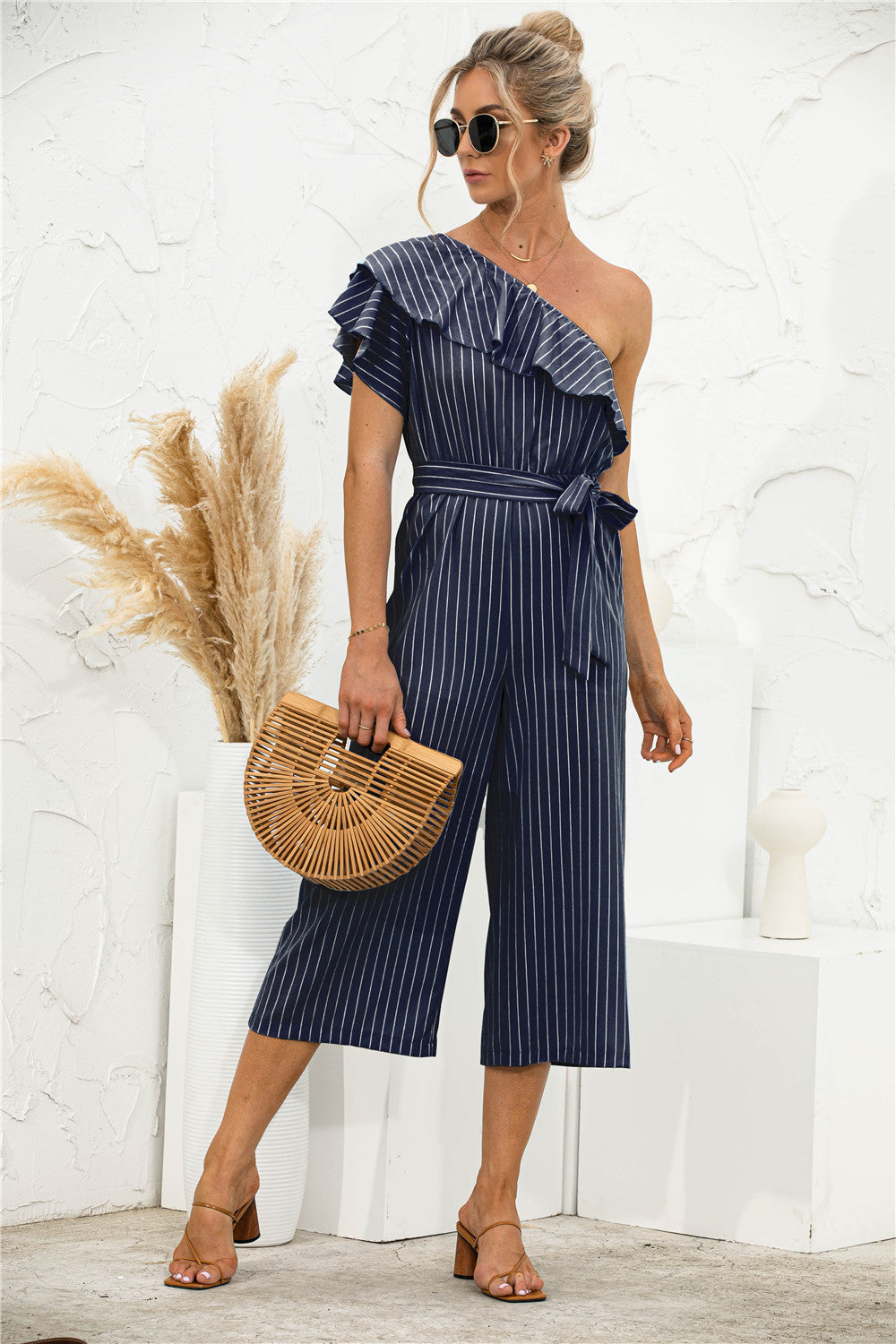 Asymmetric Neck Ruffle Trim Striped Jumpsuit - Absolute Fashion 2020