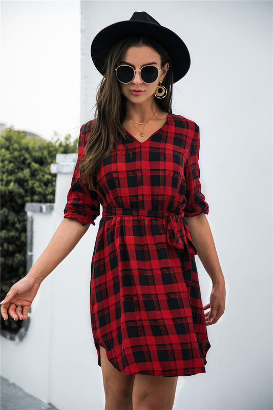 Gingham Tie Waist V Neck Dress - Absolute Fashion 2020