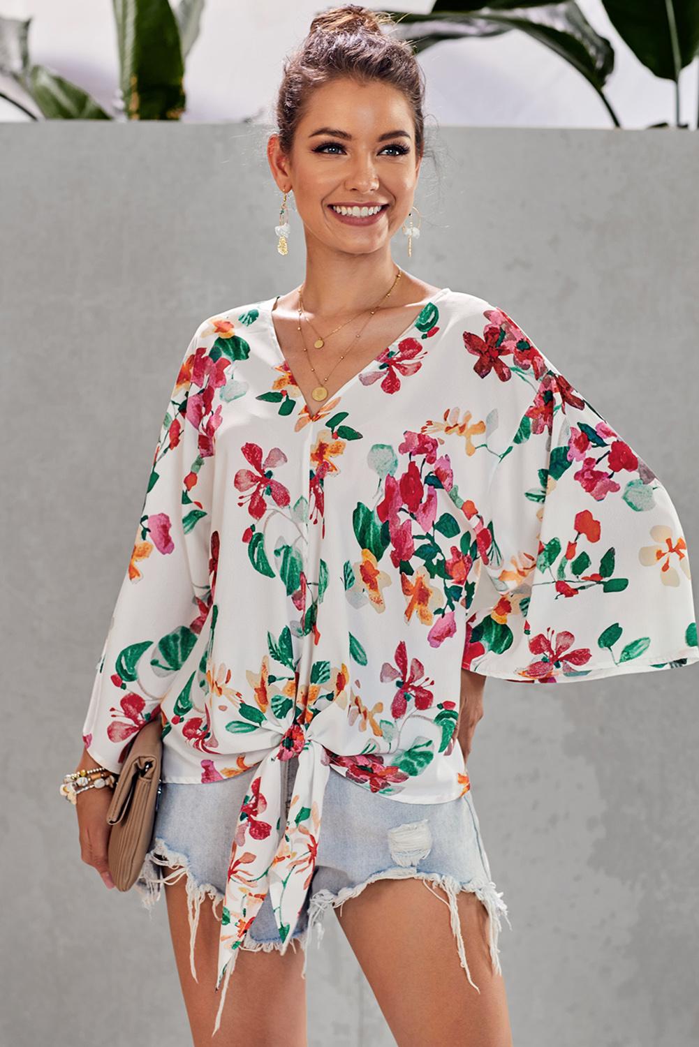 Floral V-Neck Tie Front Top - Absolute Fashion 2020