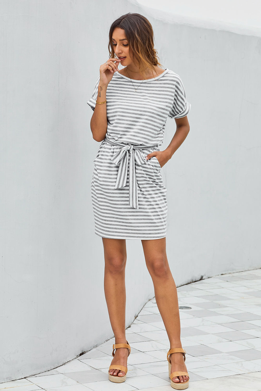 Stripes Pocketed T-shirt Dress with Belt - Absolute Fashion 2020