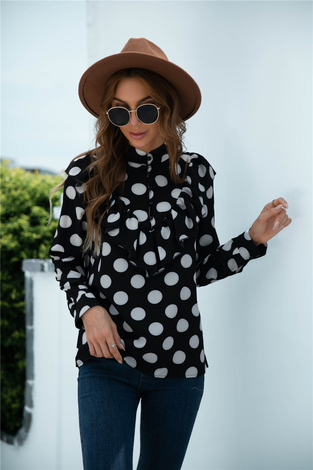 Frill Trim Buttoned Stand Collar Blouse - Absolute Fashion 2020
