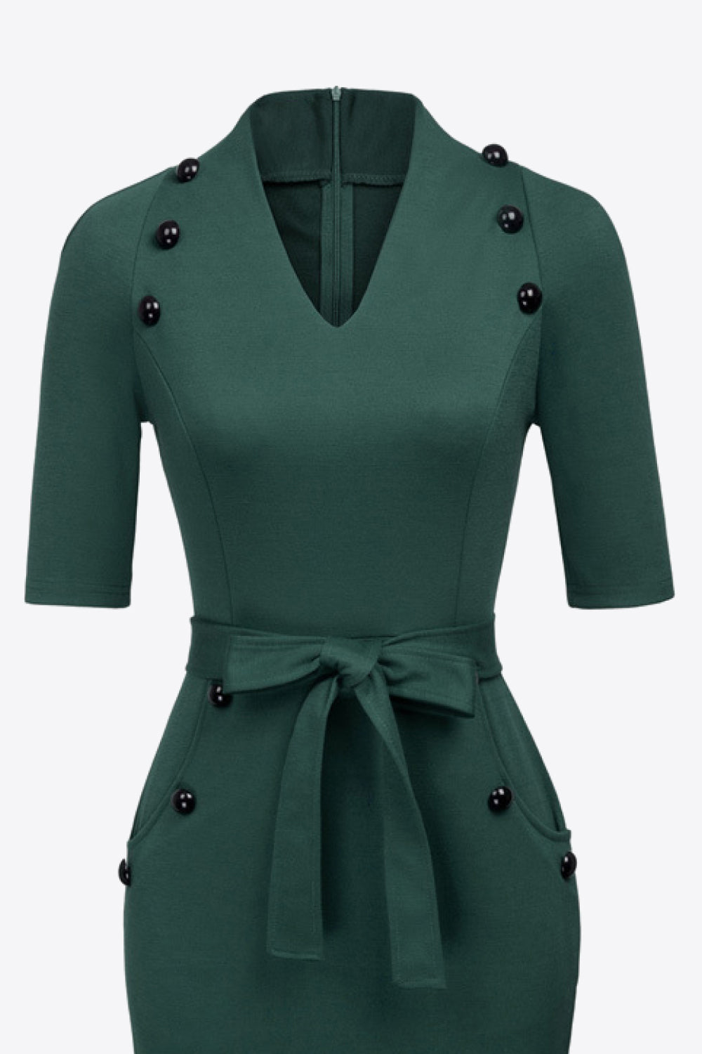 Decorative Button Belted Zip-Back Slit Dress