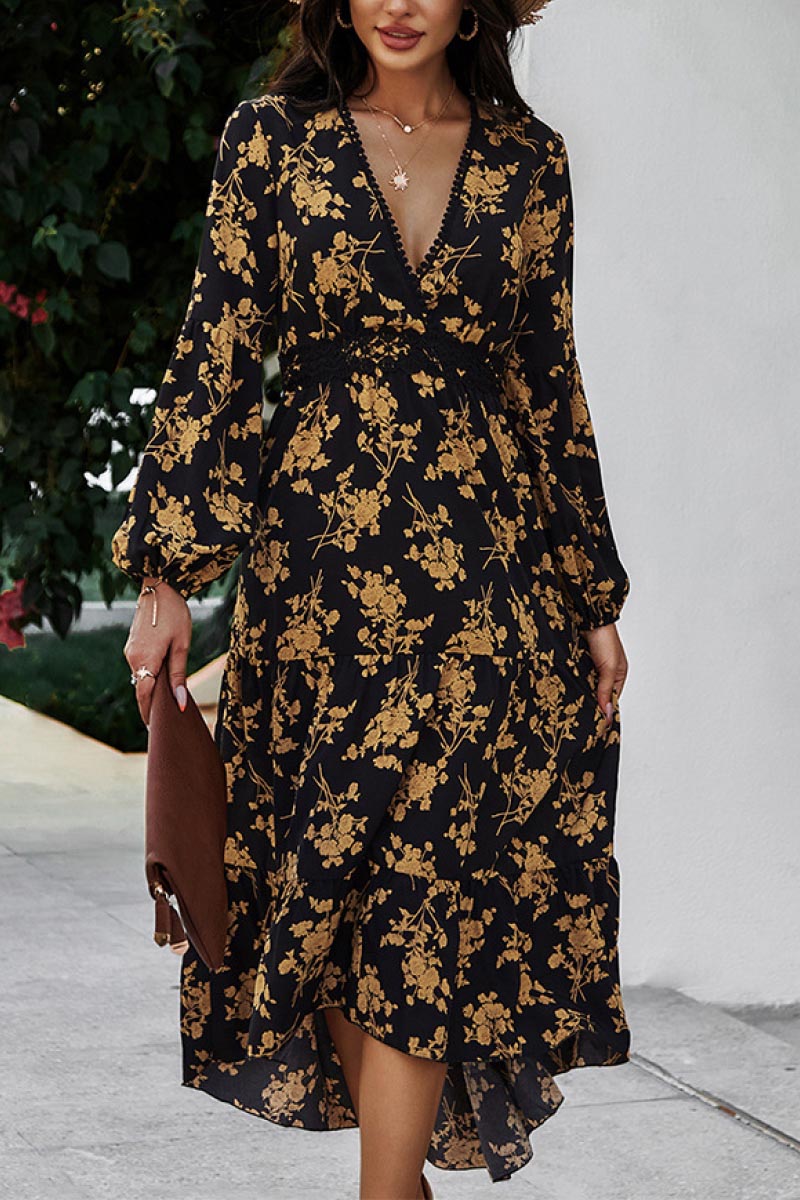 Floral Ruffled Hem V-Neck Dress - Absolute Fashion 2020