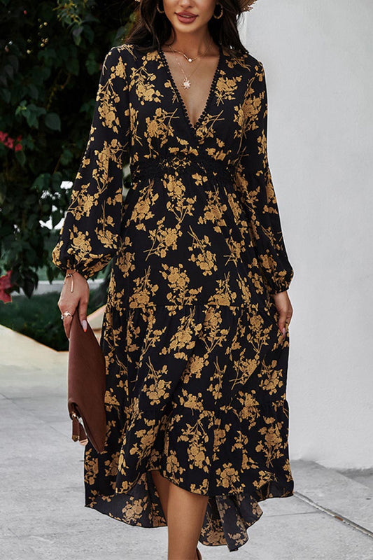 Floral Ruffled Hem V-Neck Dress - Absolute Fashion 2020
