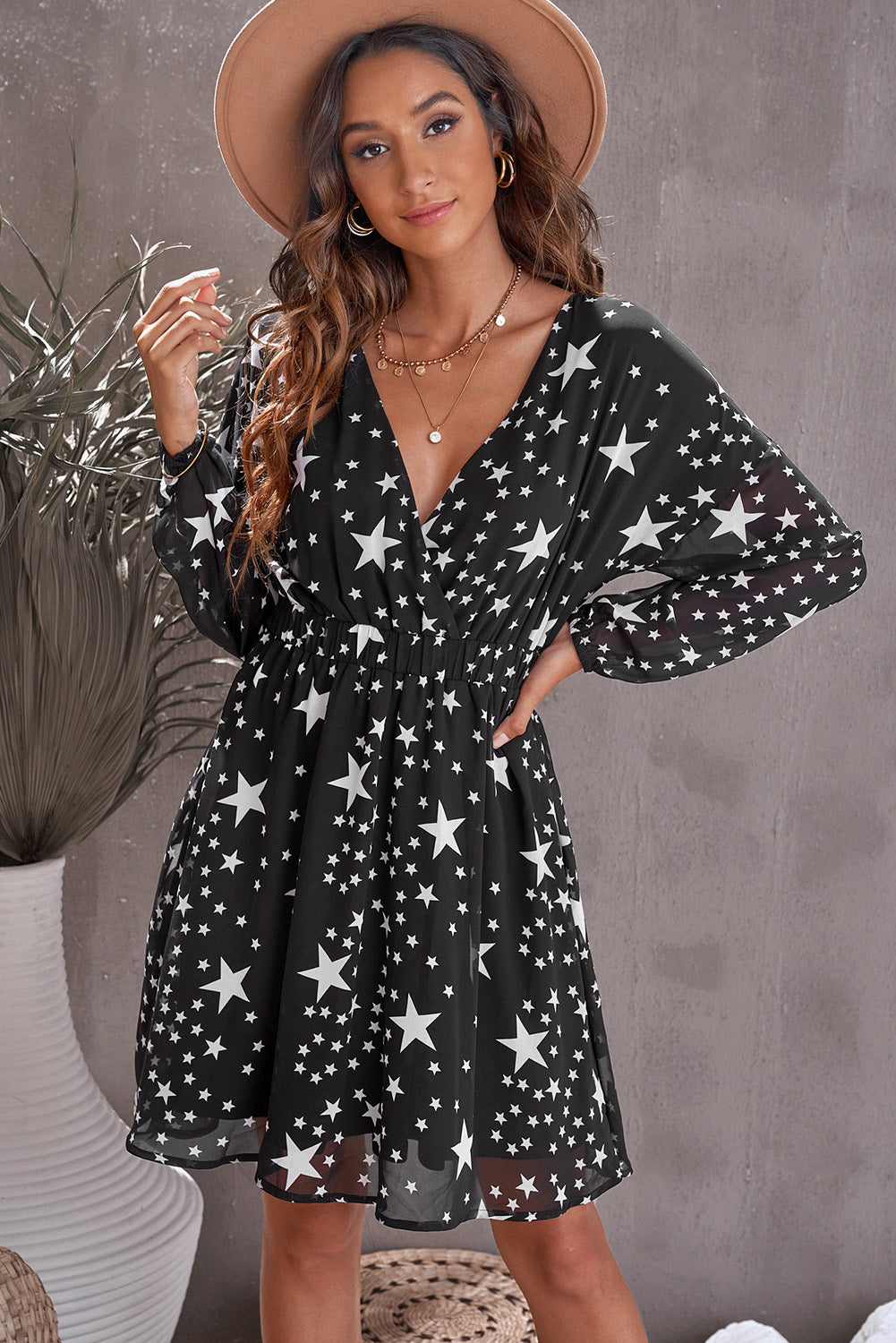 White V Neck Star Pattern Tunic Dress