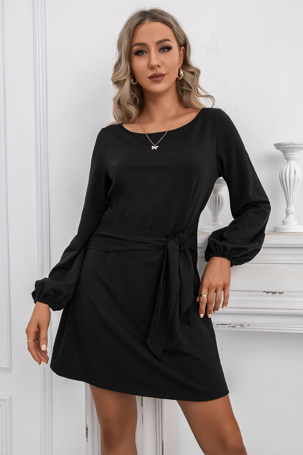 Balloon Sleeve Knot Waist Dress - Absolute Fashion 2020