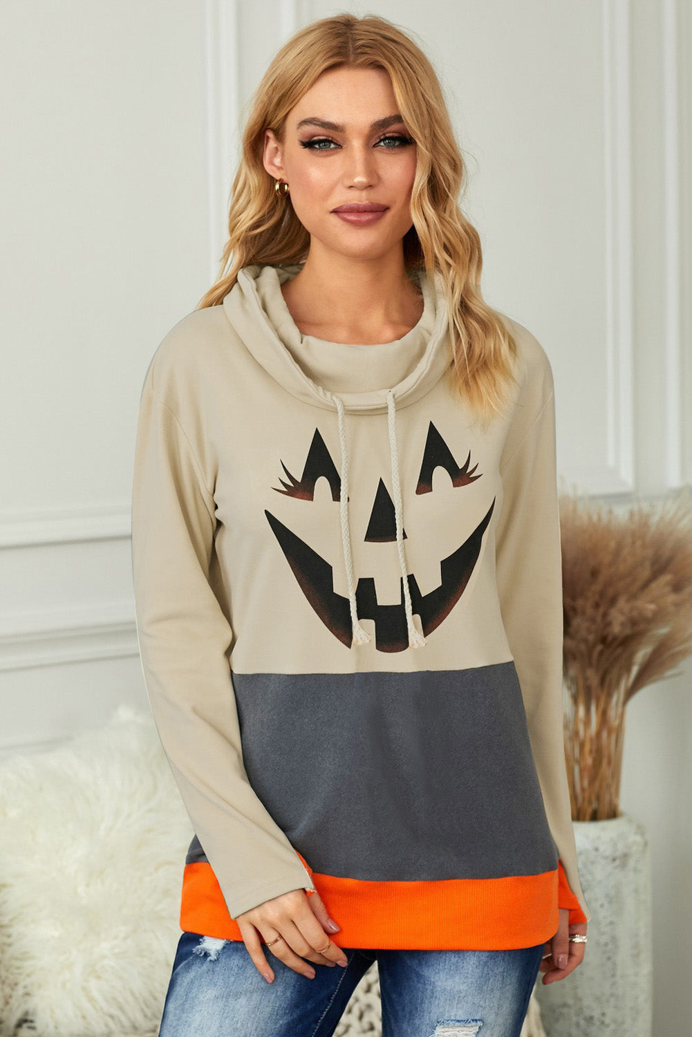 Halloween Print Color Block Drawstring Sweatshirt - Absolute Fashion 2020