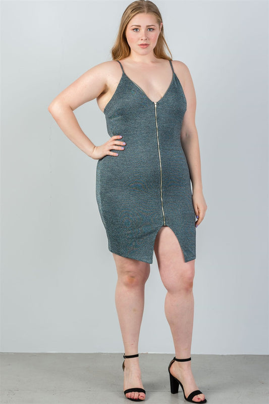 Ladies fashion plus size glitter green zip-up bodycon mini dress - Absolute Fashion 2020