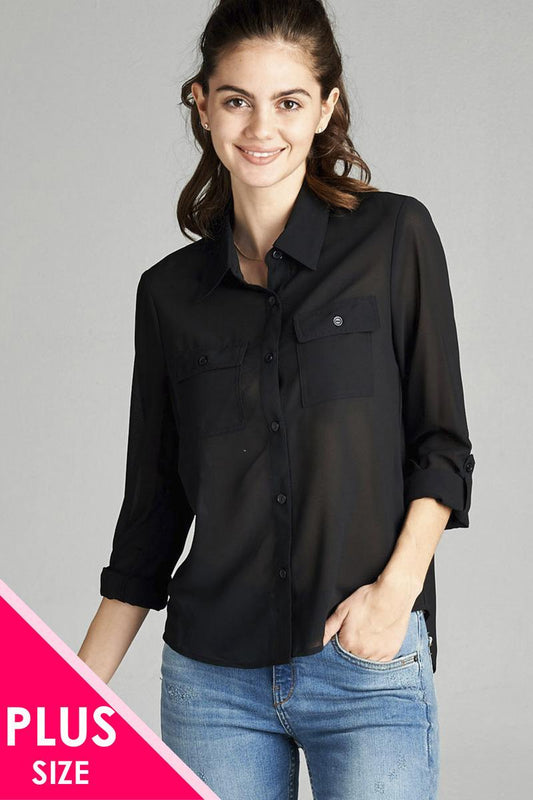 Ladies fashion plus size long sleeve front pocket chiffon blouse w/black button detail - Absolute Fashion 2020