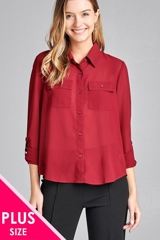 Ladies fashion plus size long sleeve front pocket chiffon blouse w/black button detail - Absolute Fashion 2020