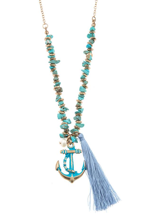 Anchor tassel pendant chipped gem necklace set - Absolute Fashion 2020