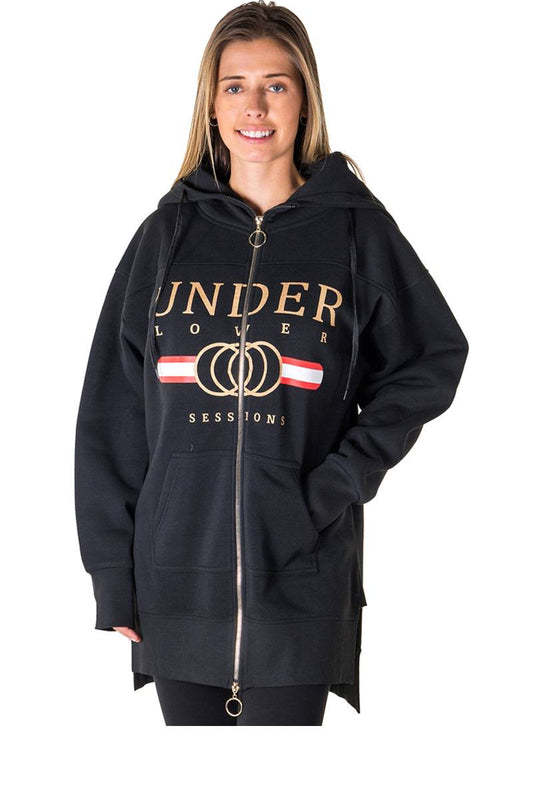 Ladies fashion fleece zip up sweatshirt oversize long hoodie outerwear jacket with applique - Absolute Fashion 2020