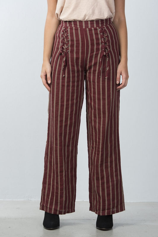Ladies fashion high waisted stripe lace-up wide-leg pants - Absolute Fashion 2020