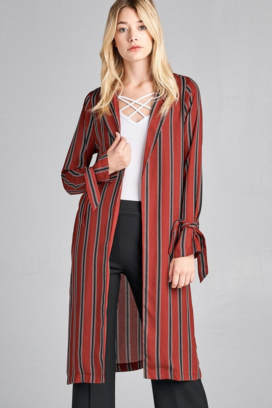Ladies fashion long sleeve notched collar side slit multi stripe long jacket - Absolute Fashion 2020