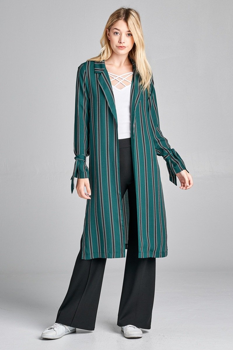 Ladies fashion long sleeve notched collar side slit multi stripe long jacket - Absolute Fashion 2020
