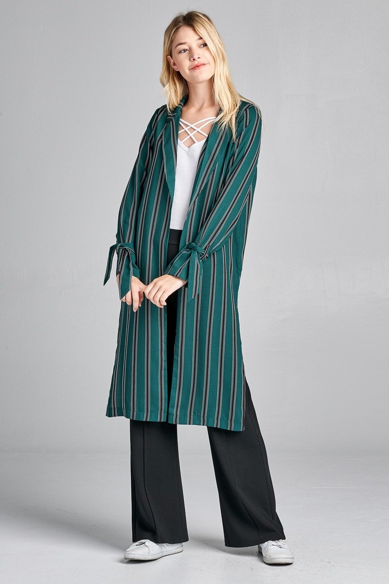 Ladies fashion long sleeve notched collar side slit multi stripe long jacket - Absolute Fashion 2020
