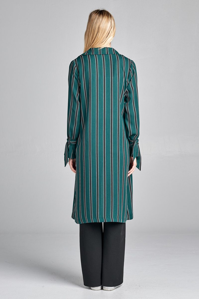 Ladies fashion long sleeve notched collar side slit multi stripe long jacket - Absolute Fashion 2020