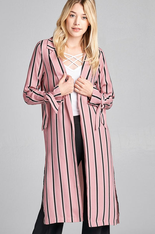 Ladies fashion long sleeve notched collar side slit multi stripe long jacket - Absolute Fashion 2020