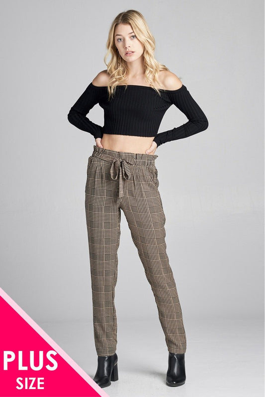 Ladies fashion plus size self ribbon detail long leg checked print woven pants - Absolute Fashion 2020