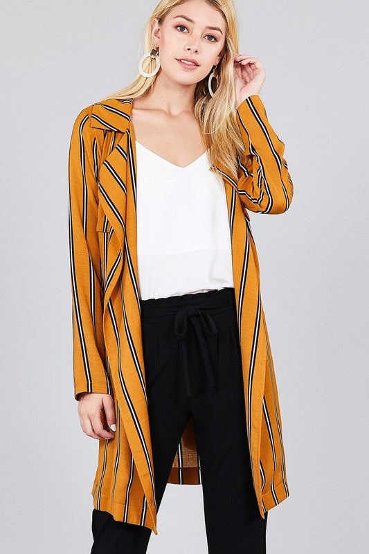 Ladies fashion long sleeve notched collar w/waist belt multi striped long woven jacket - Absolute Fashion 2020
