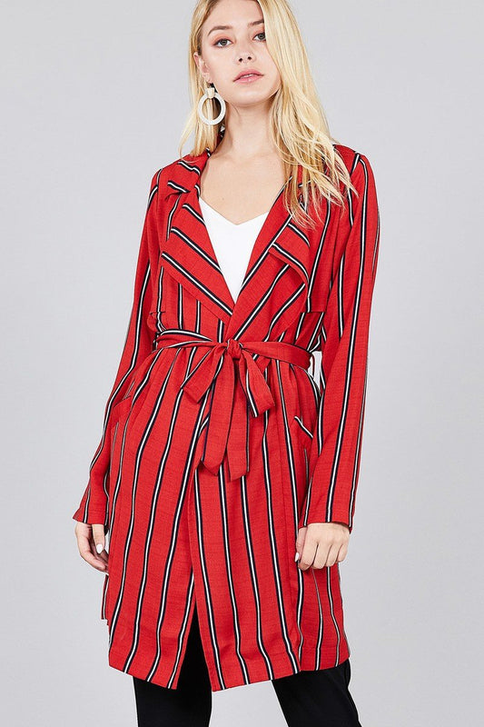 Ladies fashion long sleeve notched collar w/waist belt multi striped long woven jacket - Absolute Fashion 2020