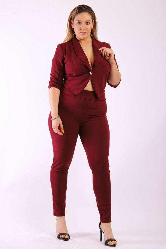 Solid, Fitted Two Piece Set Includes Blazer Coat With 3/4 Sleeves, Collard, One Button Closure And Pointed Hemline With Matching Full Length, High-waist Pant - Absolute Fashion 2020