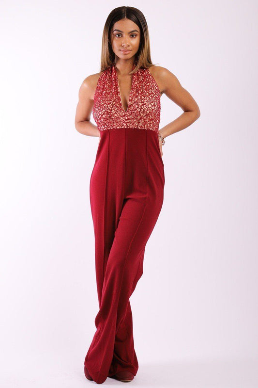 Solid Jumpsuit With Sequined Crochet Lave Halter Top - Absolute Fashion 2020