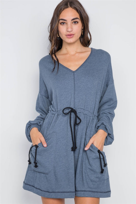 Denim blue knit long sleeve sweater dress - Absolute Fashion 2020