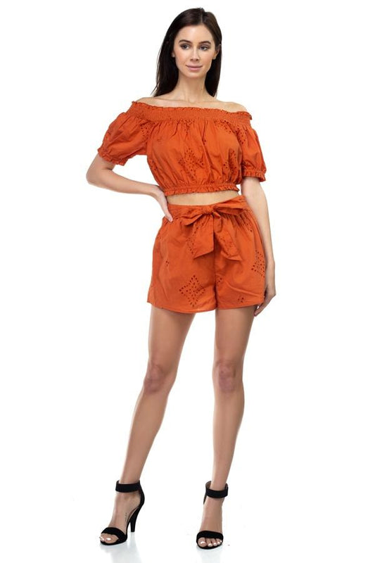 Smocked Off Shoulder Top & High Waist Eyelet Shorts Set - Absolute Fashion 2020