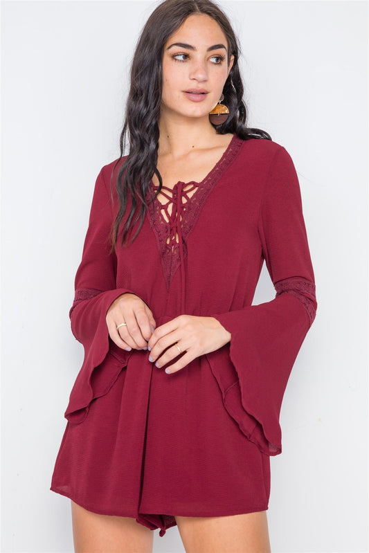 Crochet Bell Sleeve Lace-up Romper - Absolute Fashion 2020