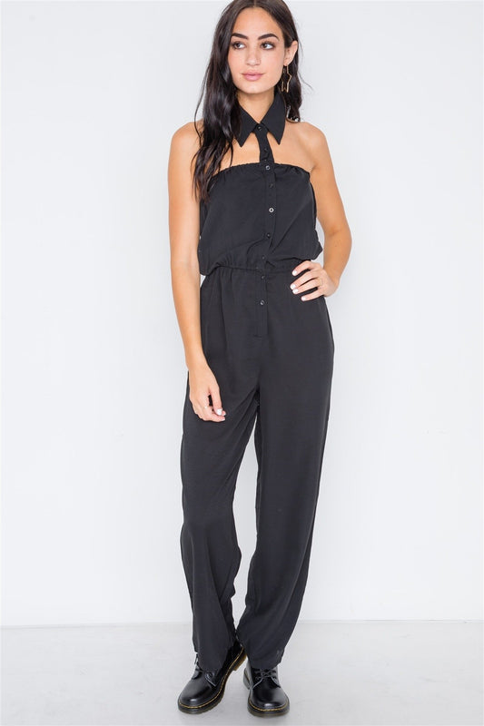 Black Basic Collar Button Down Solid Jumpsuit - Absolute Fashion 2020
