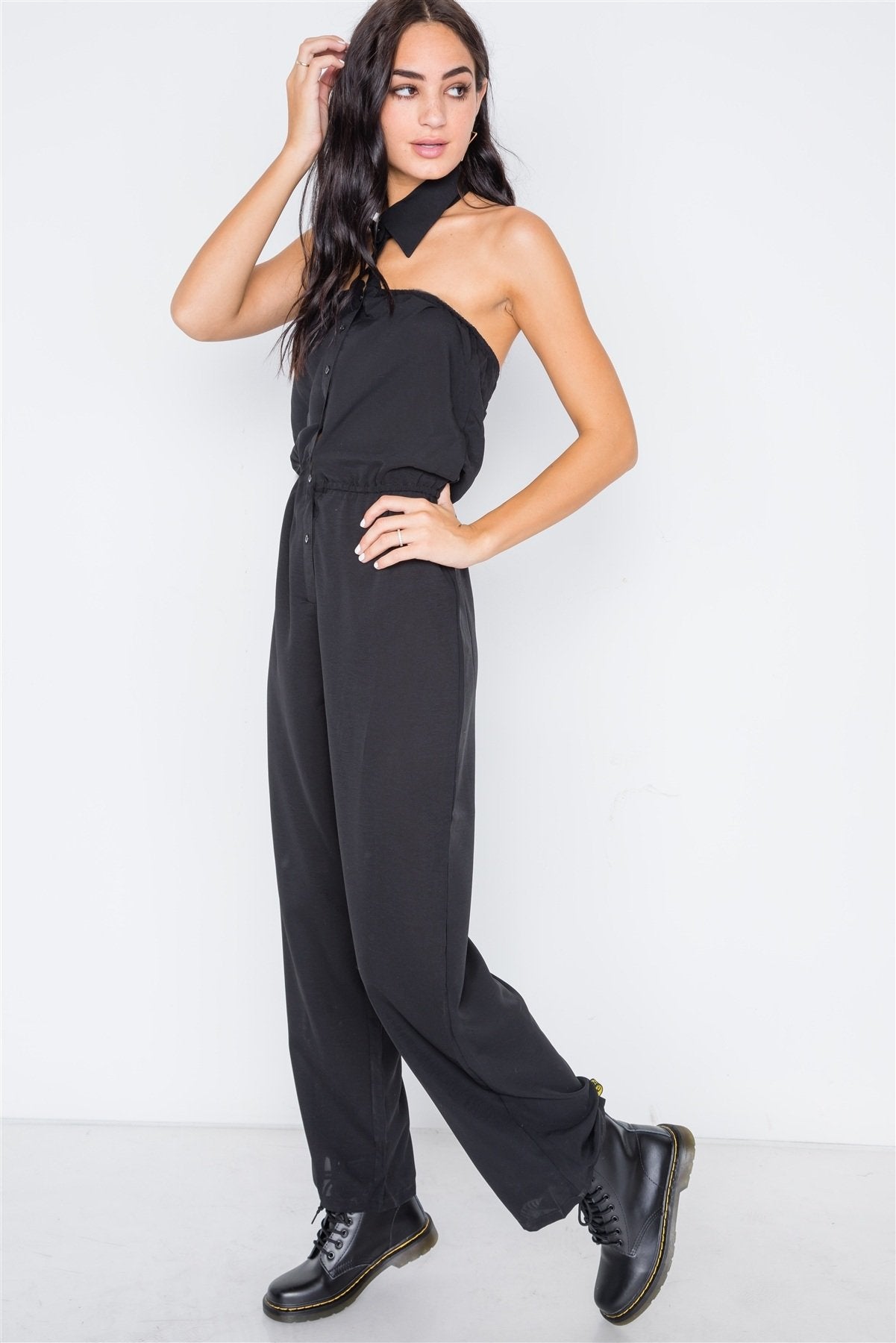 Black Basic Collar Button Down Solid Jumpsuit - Absolute Fashion 2020