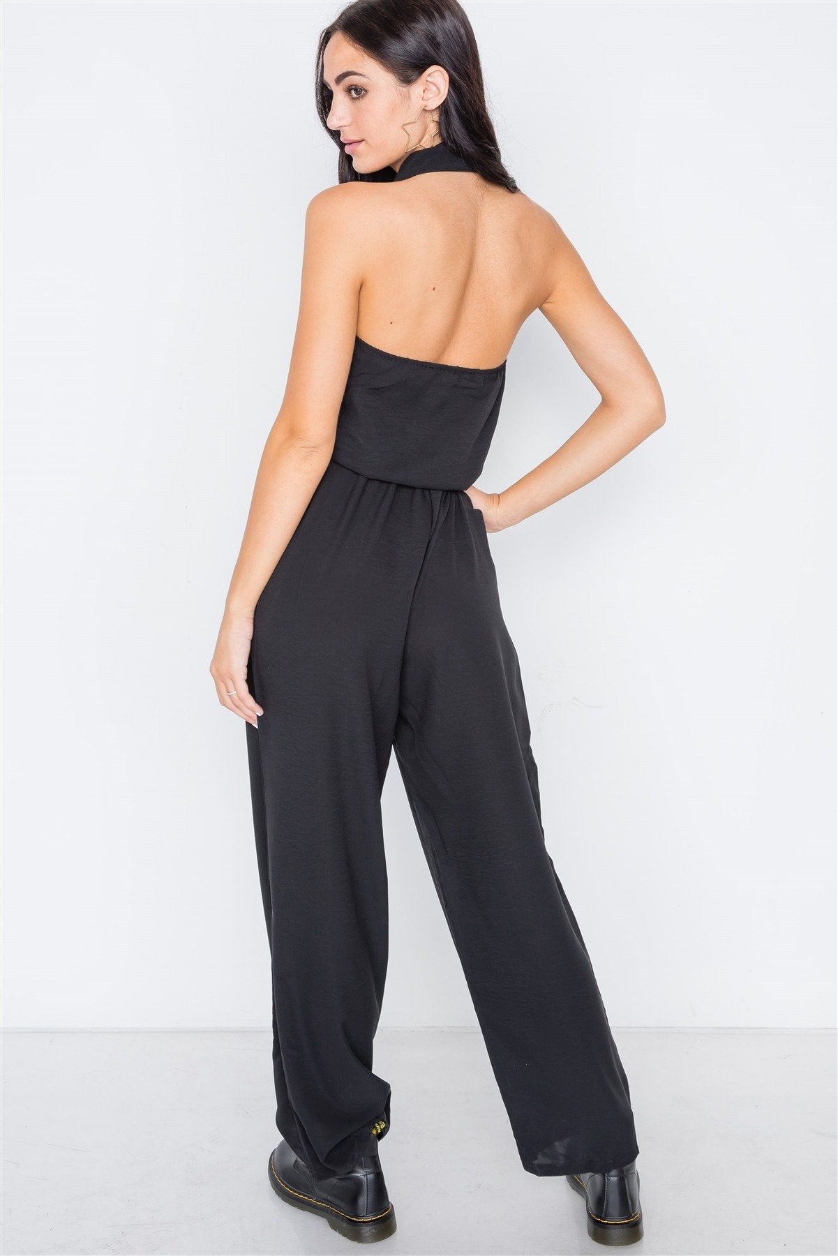 Black Basic Collar Button Down Solid Jumpsuit - Absolute Fashion 2020