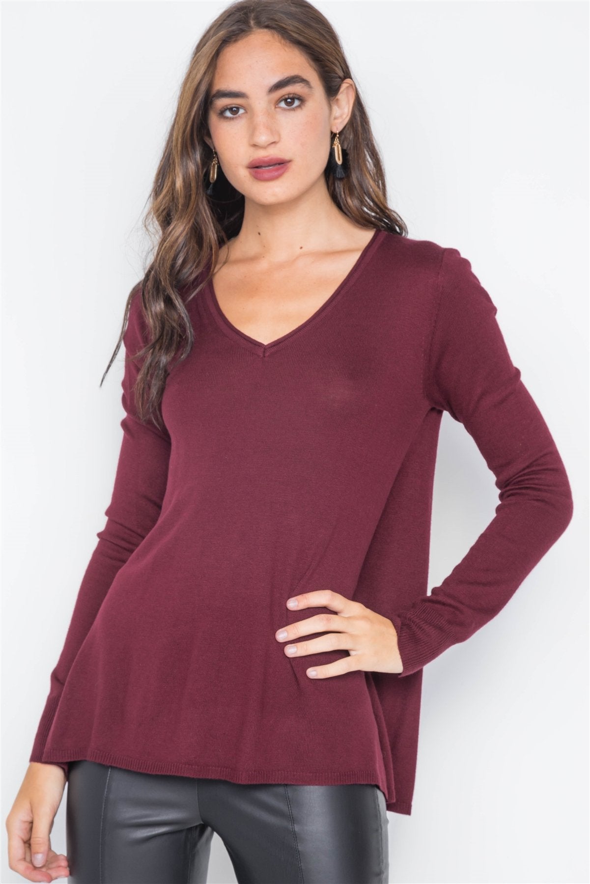 Burgundy Knit Casual V-neck Solid Sweater - Absolute Fashion 2020