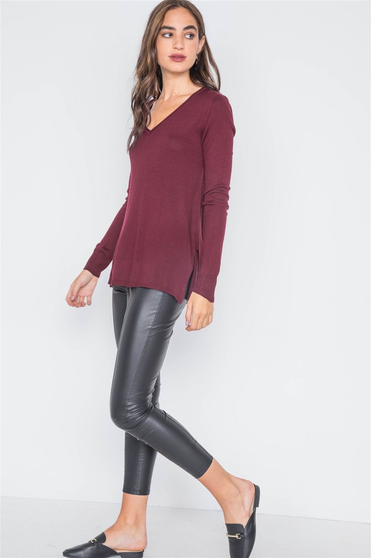 Burgundy Knit Casual V-neck Solid Sweater - Absolute Fashion 2020