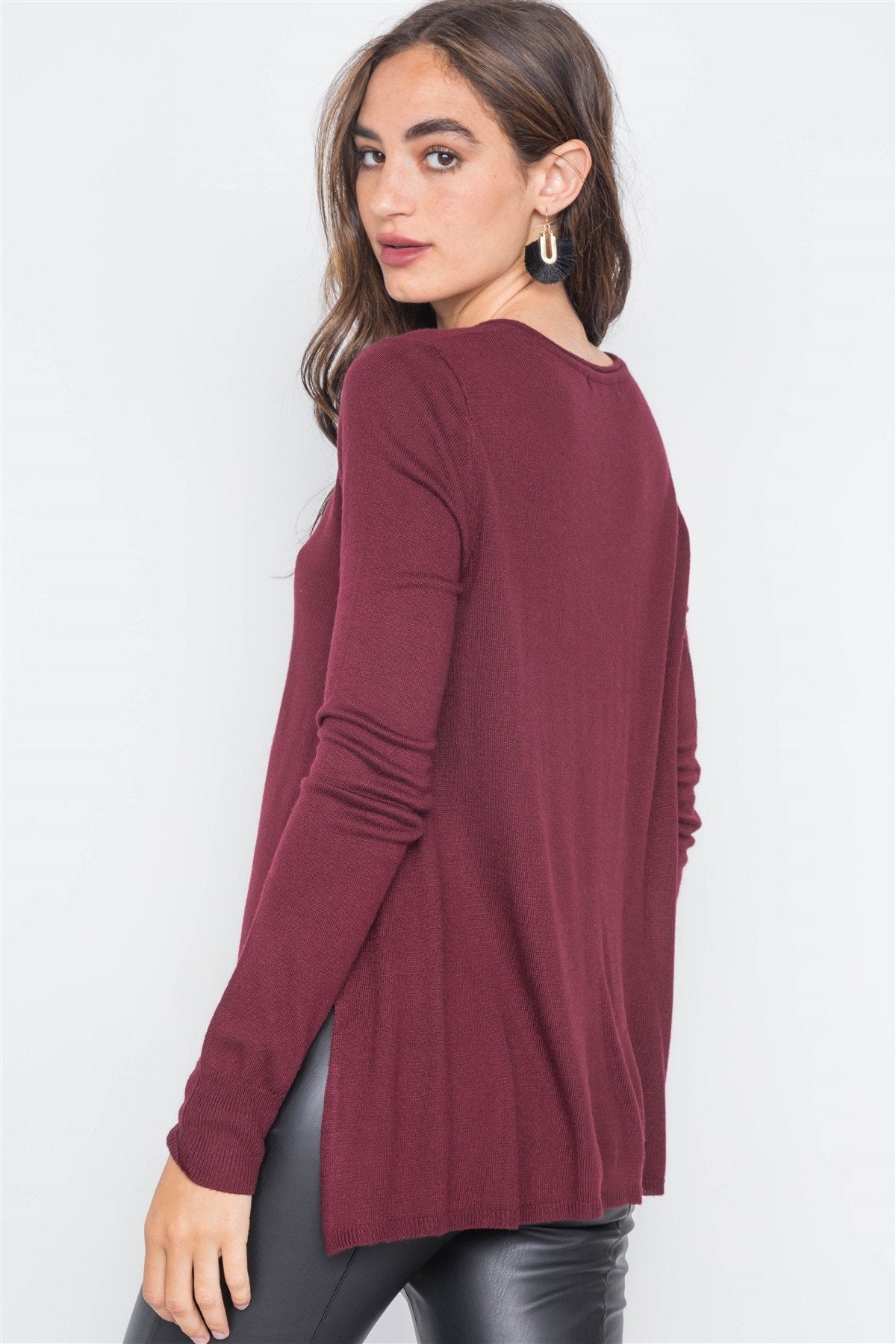 Burgundy Knit Casual V-neck Solid Sweater - Absolute Fashion 2020