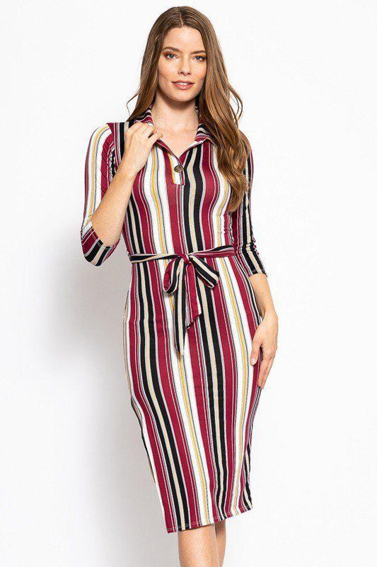 Stripes Print, Midi Tee Dress With 3/4 Sleeves, Collared V Neckline, Decorative Button, Matching Belt And A Side Slit - Absolute Fashion 2020