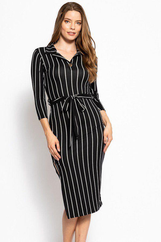 Stripes Print, Midi Tee Dress With 3/4 Sleeves, Collared V Neckline, Decorative Button, Matching Belt And A Side Slit - Absolute Fashion 2020